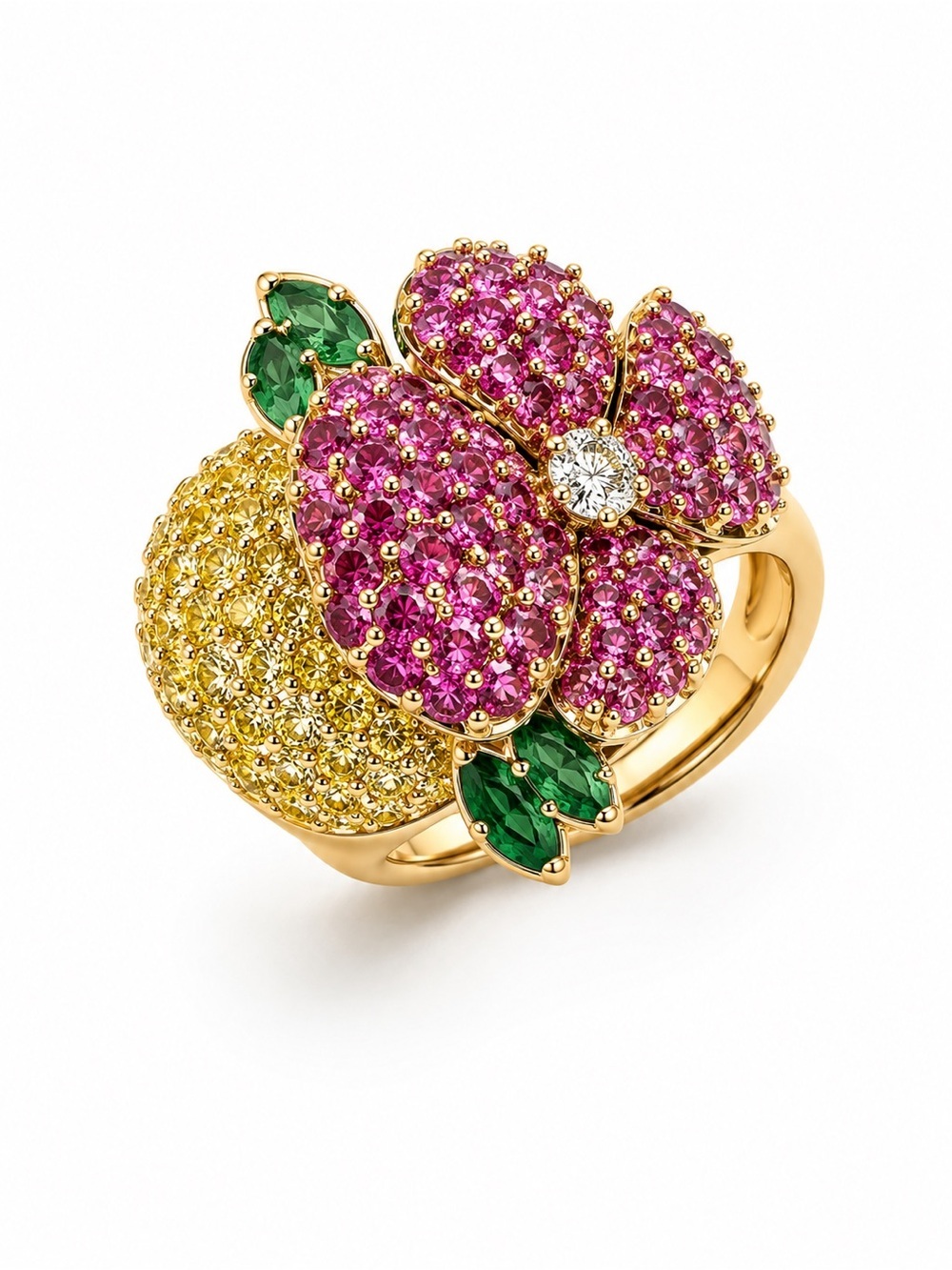 Floral Multi-Color Flower Ring - Pink, Yellow & Green